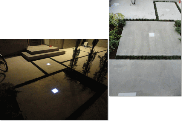 アプローチのコンクリートにはLEDタイルを埋込み、玄関まで誘導します。